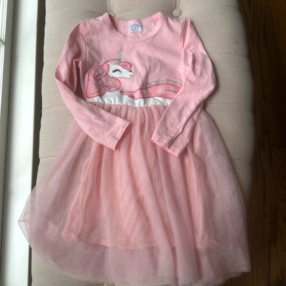 Girls, pink unicorn dress, size 4-5